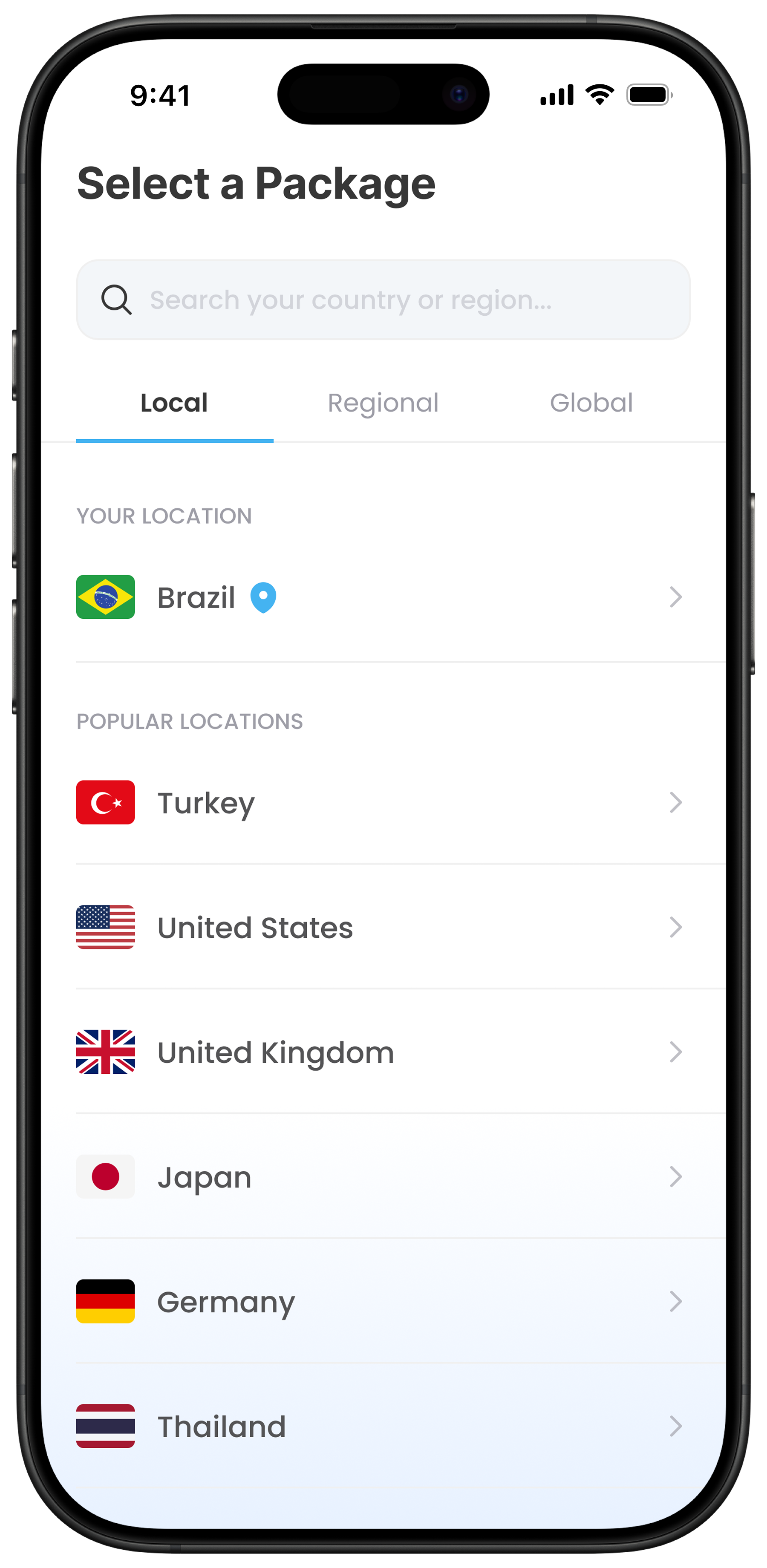 eSIM app — select a package