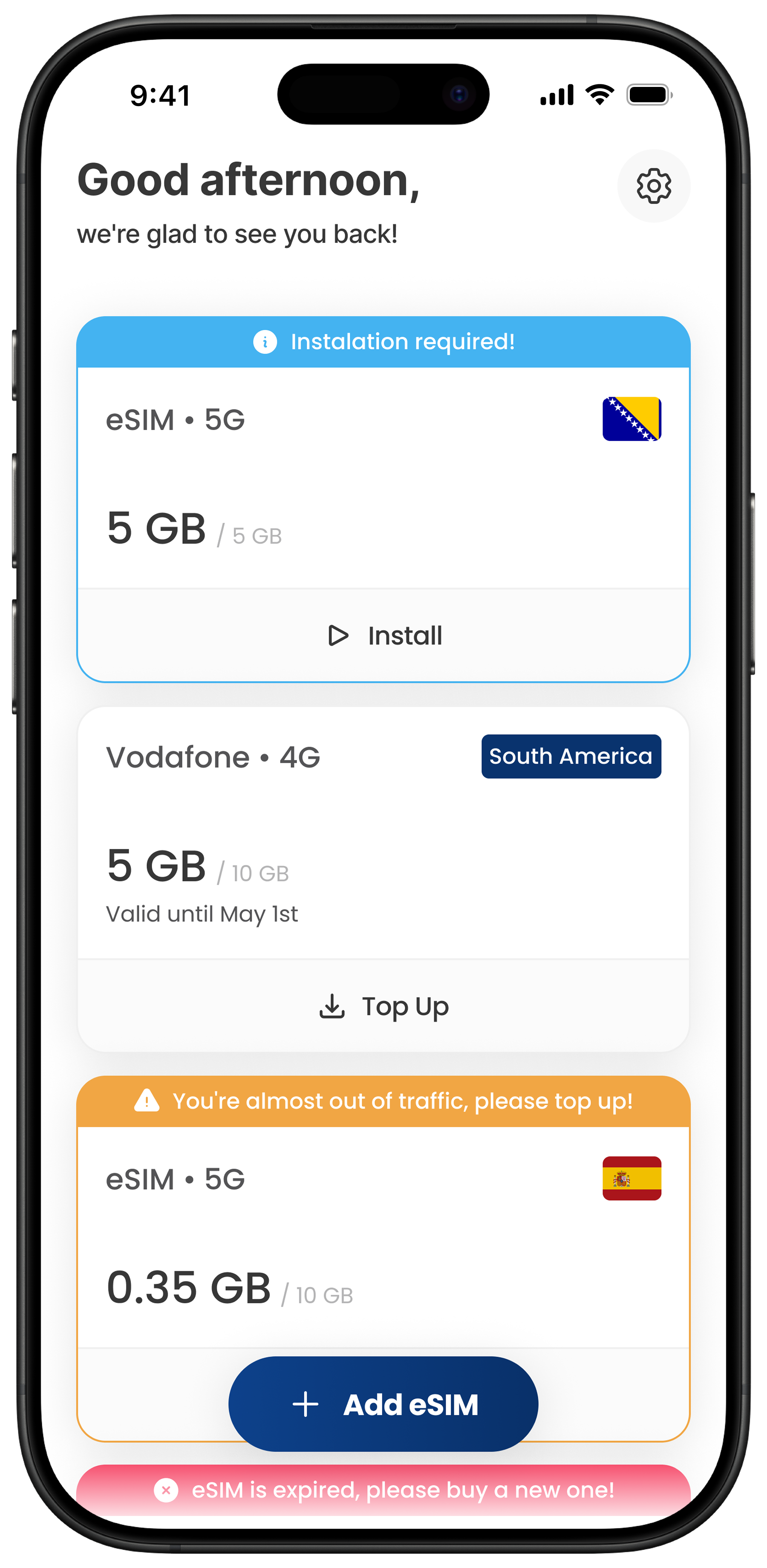 eSIM app — home